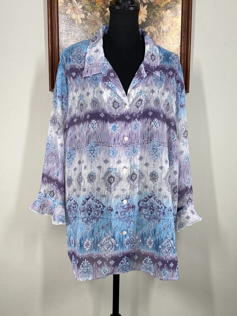 Alfred Dunner Button Up Blouse Top Women's 24W Multicolor Bohemian Sheer Casual